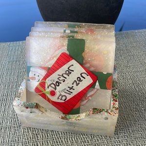 XMAS Handmade Festive Holiday Square Coaster Set and Holder